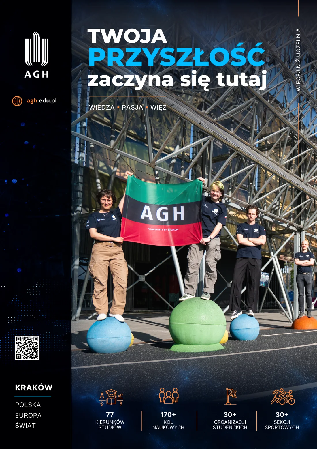 Okładka broszury AGH „Twoja przyszłość zaczyna się tutaj” ze studentami trzymającymi flagę uczelni