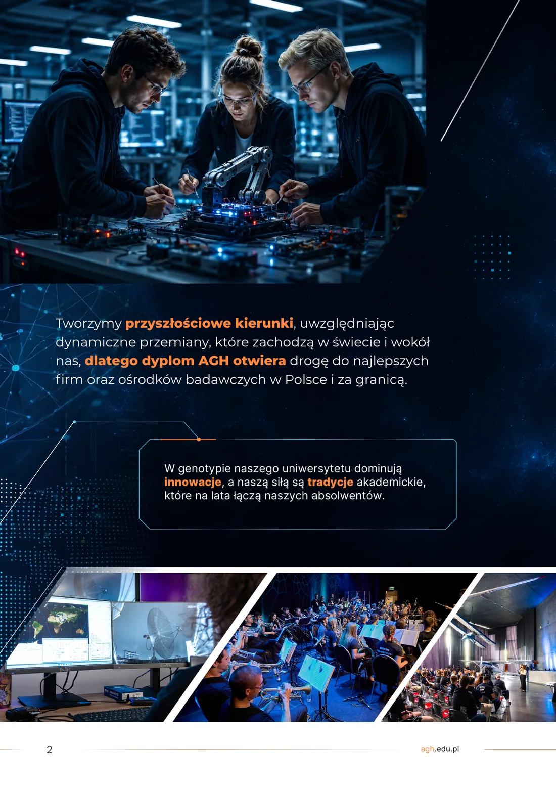 Strona broszury AGH o przyszłościowych kierunkach z laboratorium robotyki i orkiestrą
