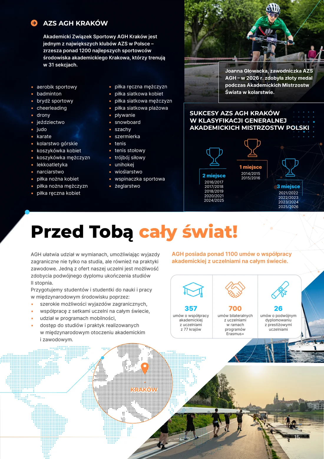 Strona broszury AGH o sekcjach sportowych i możliwościach wymian zagranicznych
