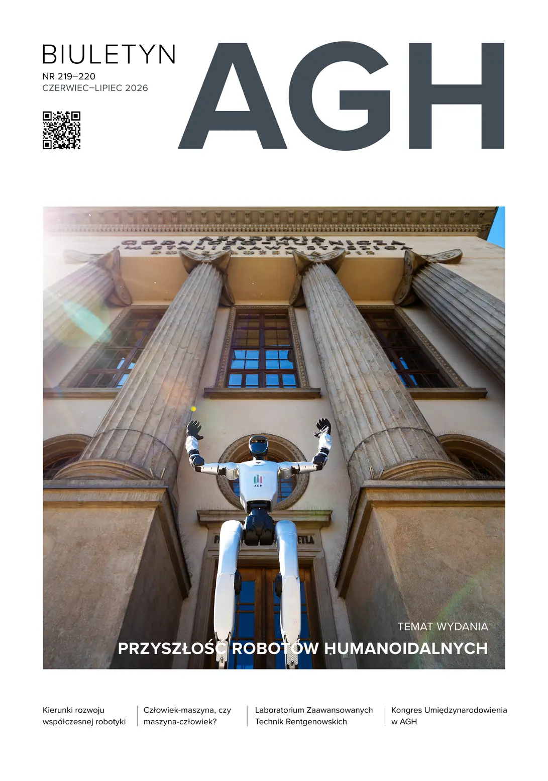 Okładka Biuletynu AGH o przyszłości robotów humanoidalnych z robotem przed gmachem uczelni