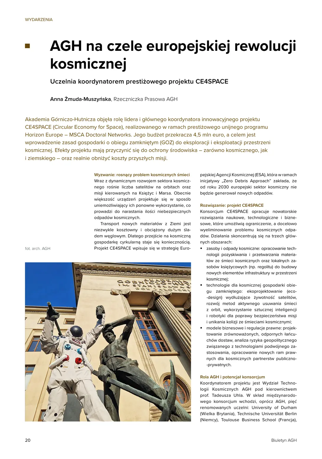 Strona Biuletynu AGH z artykułem o europejskim projekcie kosmicznym CE4SPACE
