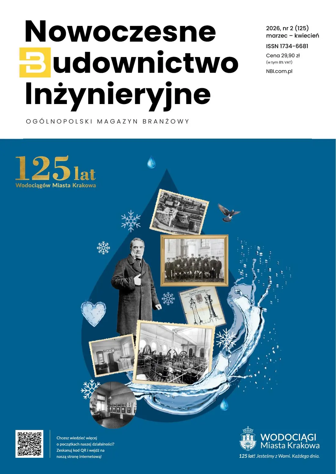 Okładka magazynu Nowoczesne Budownictwo Inżynieryjne upamiętniająca 125 lat Wodociągów Miasta Krakowa