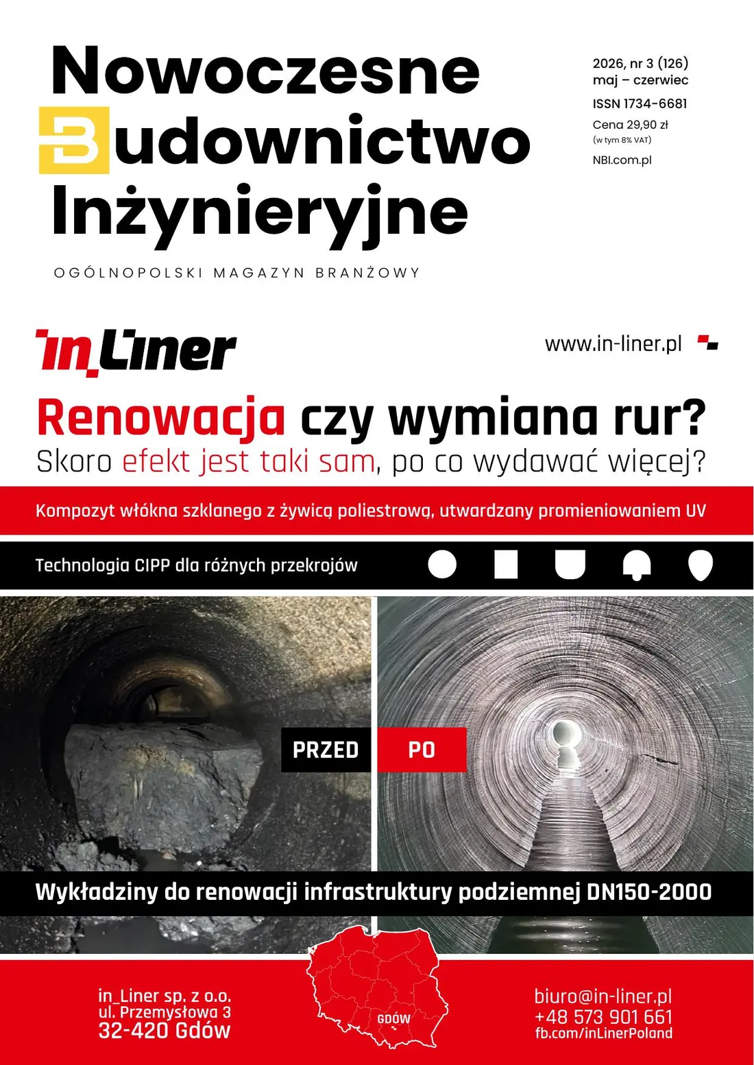 Okładka magazynu Nowoczesne Budownictwo Inżynieryjne z reklamą renowacji rur