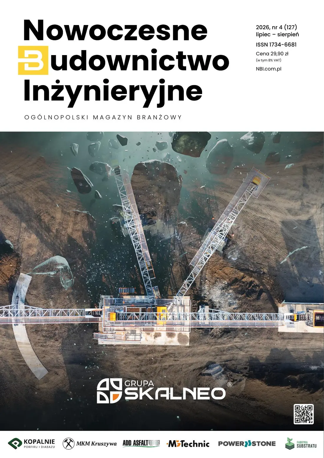 Okładka magazynu Nowoczesne Budownictwo Inżynieryjne z fotografią budowy w kamieniołomie