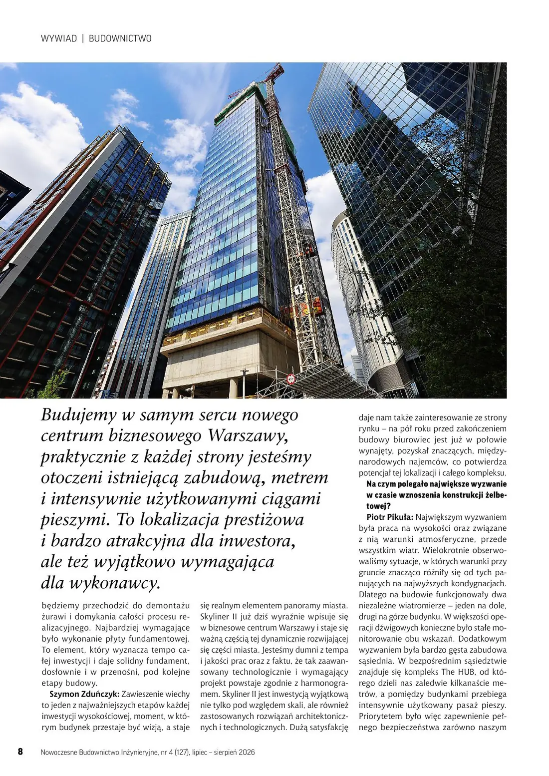 Strona magazynu NBI z fotografią budowy nowoczesnego centrum biurowego
