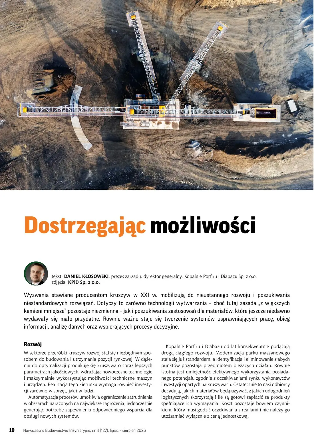 Strona magazynu NBI z lotniczą fotografią wykopu budowlanego i artykułem „Dostrzegając możliwości”