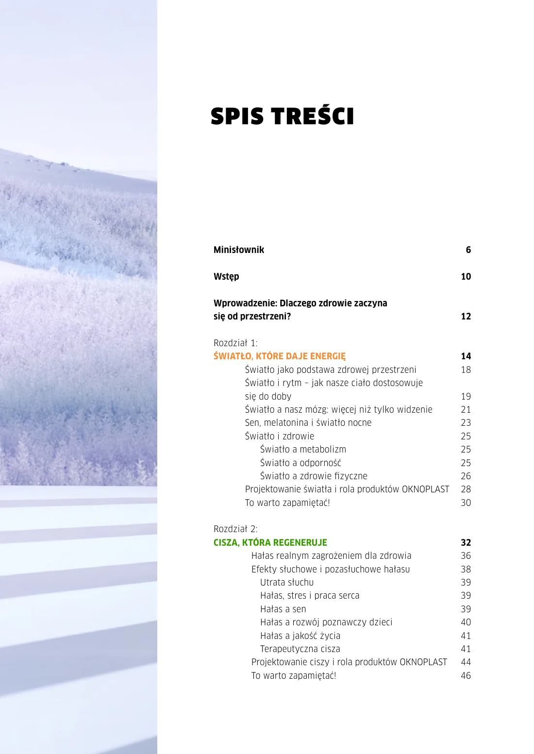 Spis treści raportu OKNOPLAST z kolorystycznym podziałem rozdziałów