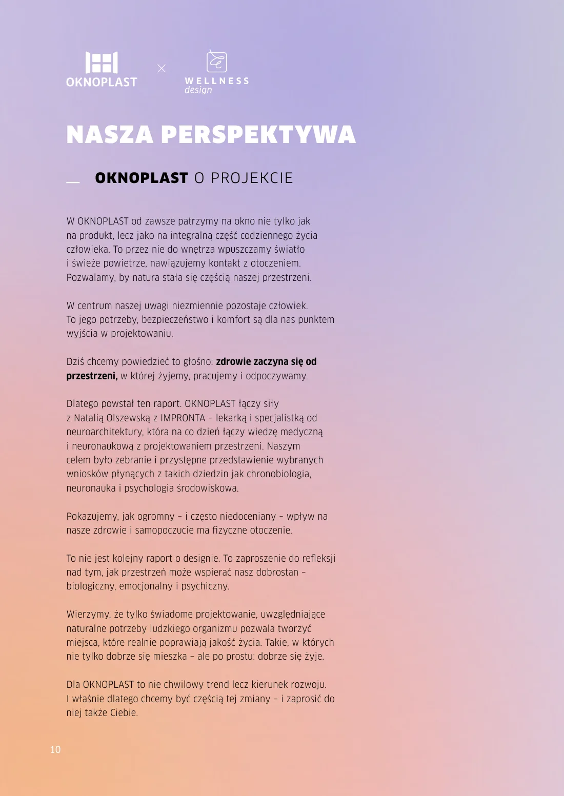 Strona raportu OKNOPLAST z tekstem „Nasza perspektywa” na pastelowym tle