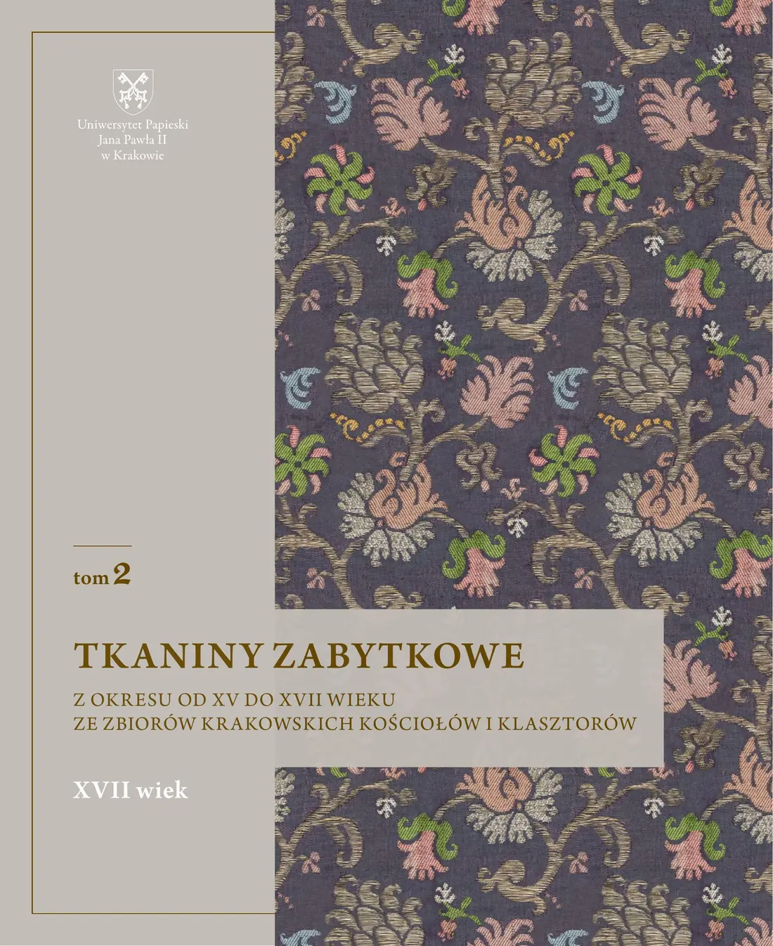 Okładka drugiego tomu katalogu Tkaniny zabytkowe z dekoracyjnym wzorem tkaniny