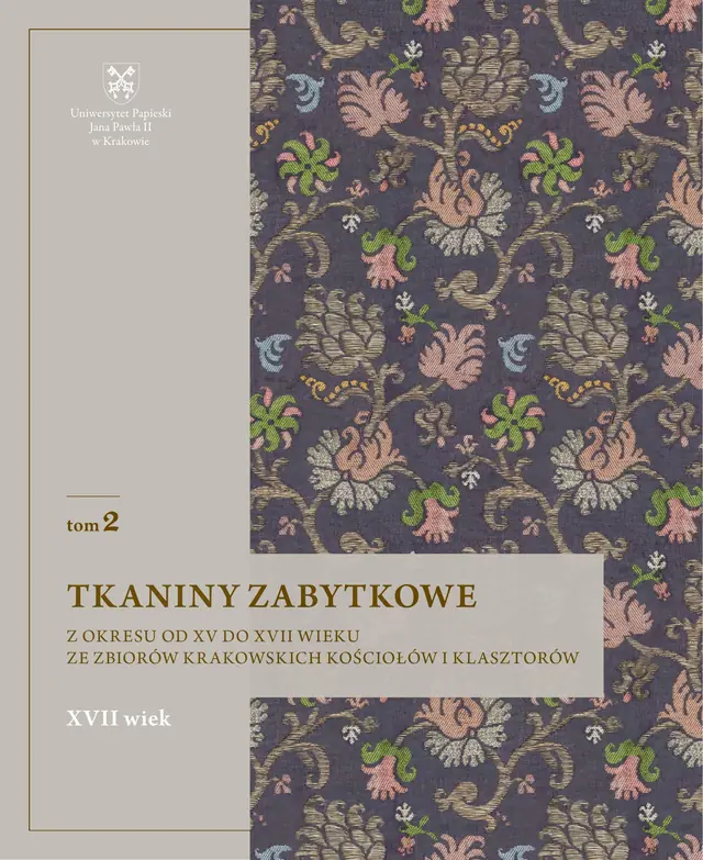 Okładka drugiego tomu katalogu Tkaniny zabytkowe z dekoracyjnym wzorem tkaniny