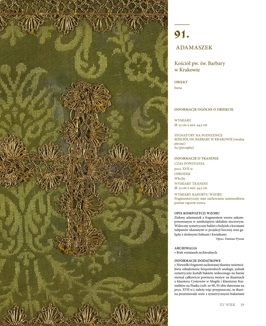 Karta katalogowa zielonej tkaniny liturgicznej z ozdobnym krzyżem