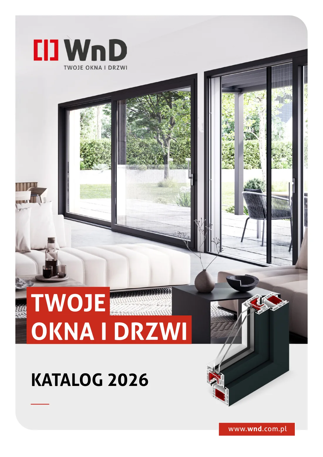 Okładka katalogu WnD 2026 z nowoczesnymi drzwiami tarasowymi i przekrojem profilu
